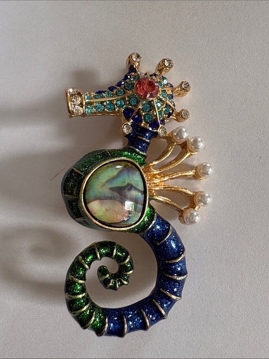 Jewelry - Jeweled Seahorse Brooch in Blue, Green & Gold